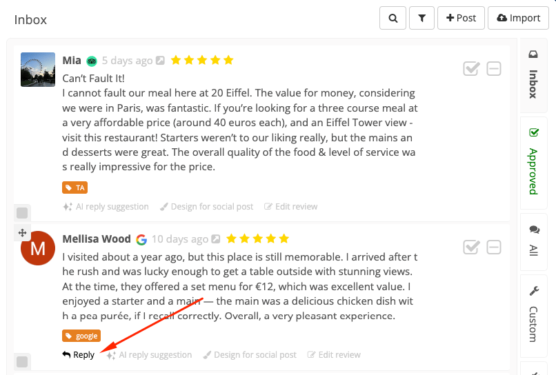 Review replies & AI response suggestions
